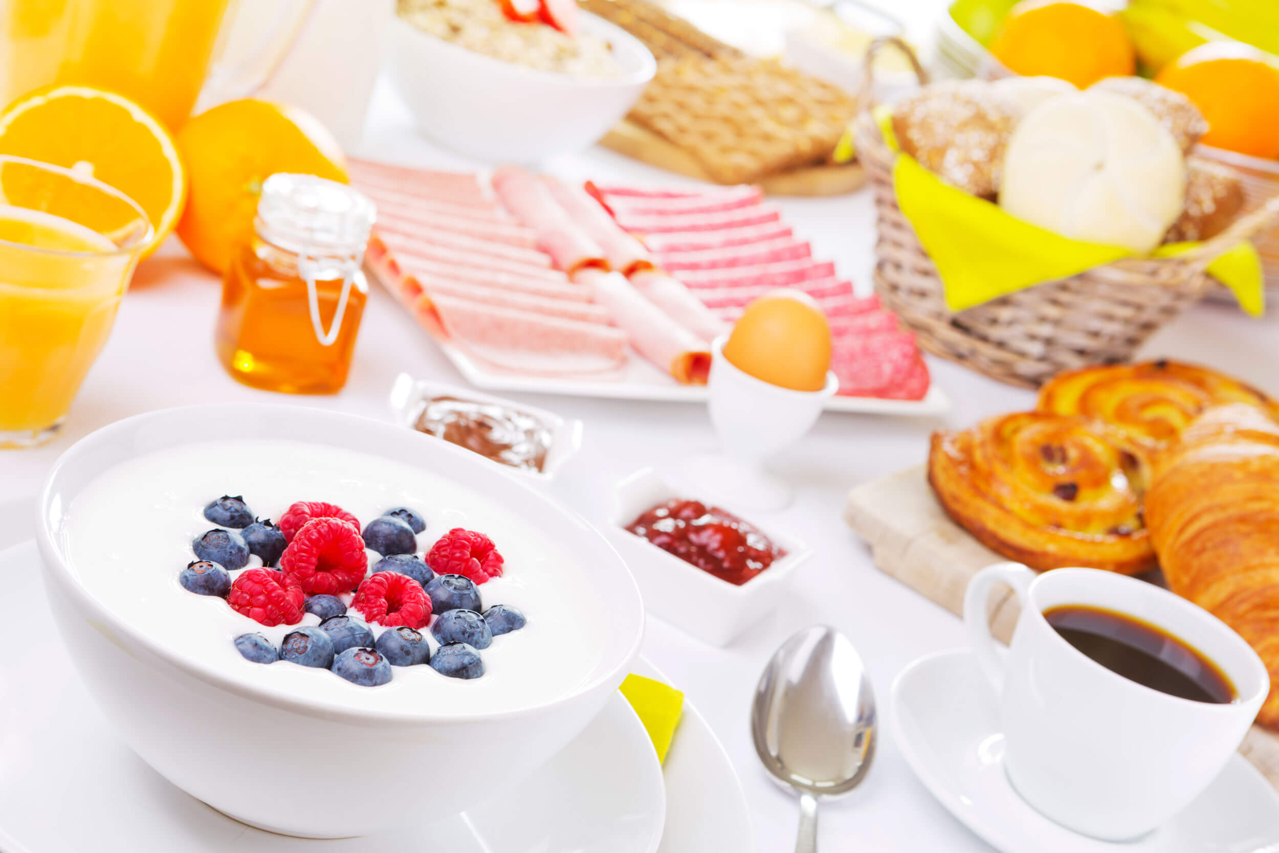 Breakfast with freshly baked bread and pastries